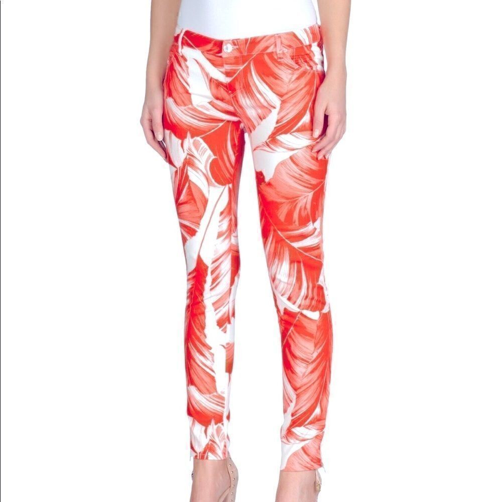 Armani Jeans White Red floral print cotton summer pants slim fit mid rise 26